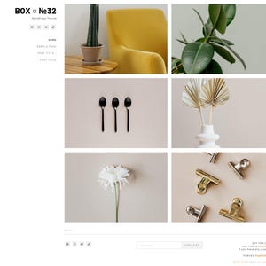 May include: A collection of images featuring a yellow armchair, green plants, black spoons, dried flowers in a white vase, a white flower, and gold and silver binder clips. The text "BOX №32" and "WordPress Theme" is visible.