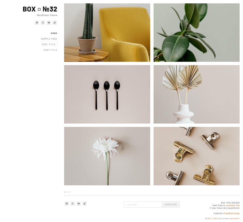 May include: A collection of images featuring a yellow armchair, green plants, black spoons, dried flowers in a white vase, a white flower, and gold and silver binder clips. The text "BOX №32" and "WordPress Theme" is visible.