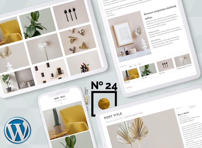 May include: A digital marketing and website design concept is displayed on multiple devices. The image features a grid of lifestyle photos, a WordPress logo, and the text "No 24". The design includes a yellow chair and various decorative items.