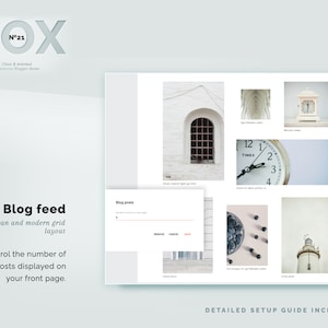 May include: A clean and modern website theme design with the word "BOX" in a 3D style. The design includes a blog feed layout with sample images and the text "Blog feed clean and modern grid layout". The theme is responsive.