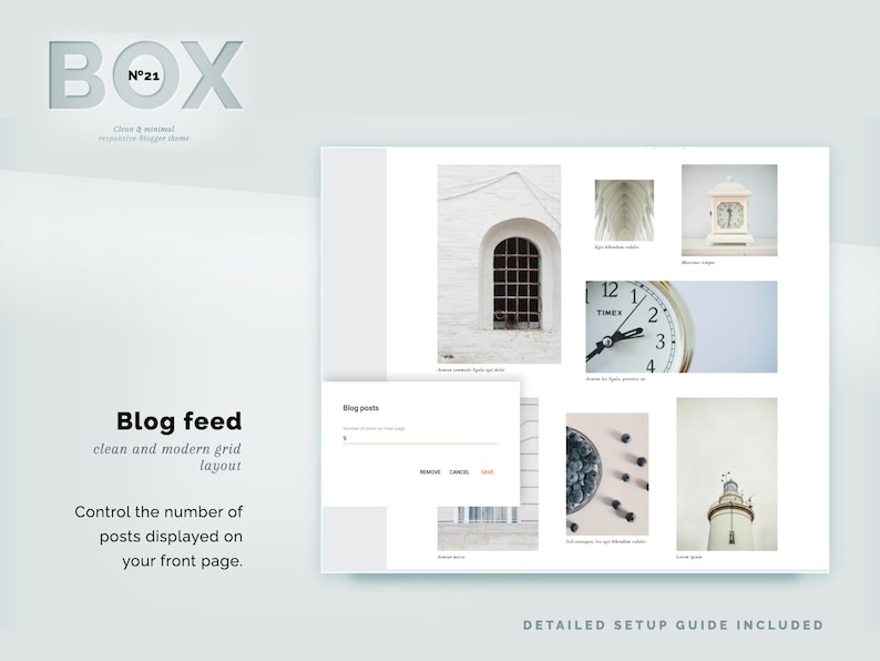May include: A clean and modern website theme design with the word "BOX" in a 3D style. The design includes a blog feed layout with sample images and the text "Blog feed clean and modern grid layout". The theme is responsive.