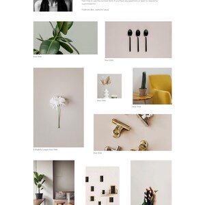 May include: A website layout featuring a minimalist design with various images. The images include a portrait, plant life, black spoons, a white flower, decorative items, and architectural elements. The text includes "BOX N&deg;21" and website information.