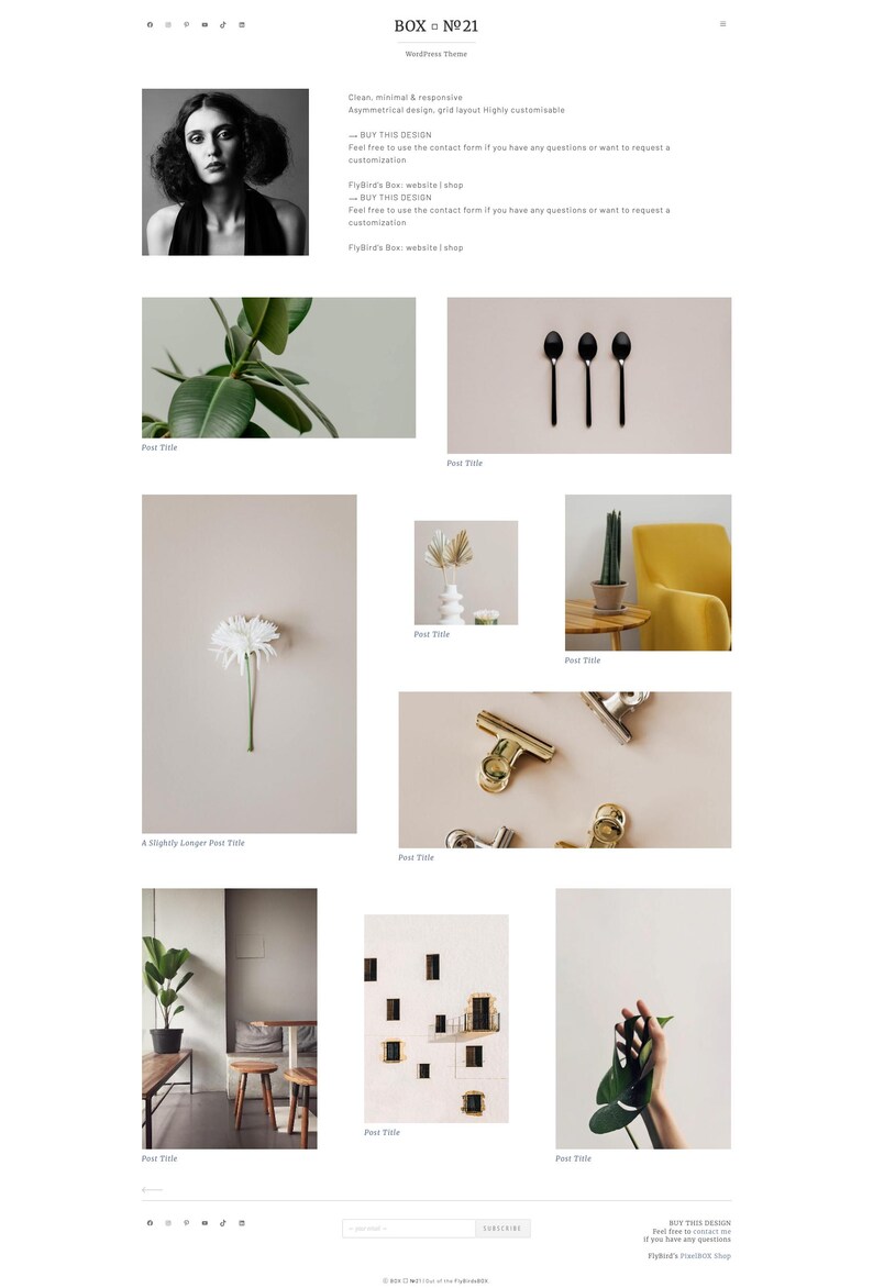 May include: A website layout featuring a minimalist design with various images. The images include a portrait, plant life, black spoons, a white flower, decorative items, and architectural elements. The text includes "BOX N&deg;21" and website information.