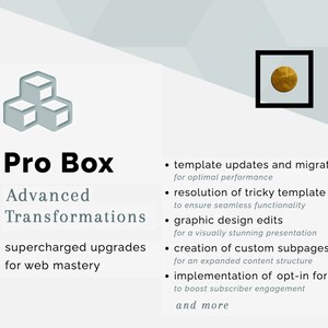 May include: A graphic with the text "Pro Box Advanced Transformations" and a list of services including template updates, graphic design edits, and custom subpages. A gold circle is in a black square.