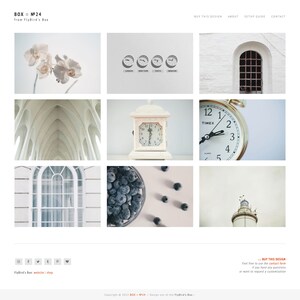May include: A collage of nine images featuring various subjects, including a white orchid, a clock, a window, blueberries, and a lighthouse. The images are arranged in a grid pattern and have a minimalist aesthetic.