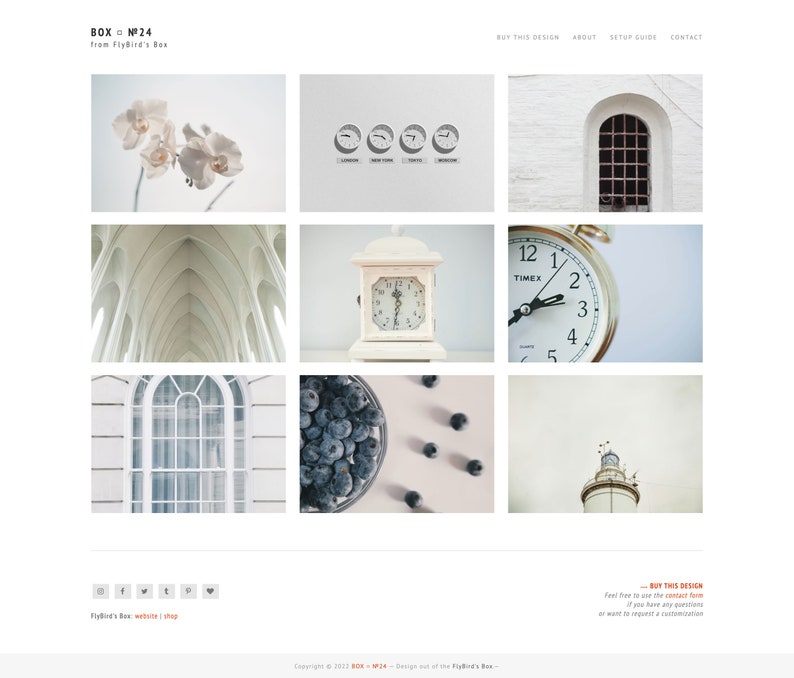 May include: A collage of nine images featuring various subjects, including a white orchid, a clock, a window, blueberries, and a lighthouse. The images are arranged in a grid pattern and have a minimalist aesthetic.