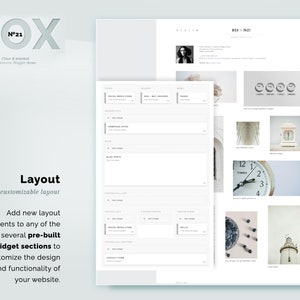 May include: A website layout design with the word "BOX" in large, light gray letters at the top. The design includes a preview of a blog layout with various widgets and the text "Layout customizable layout".