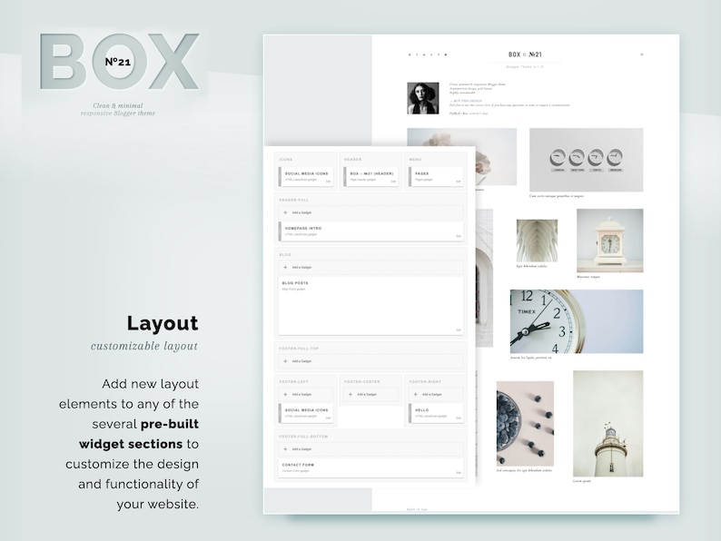 May include: A website layout design with the word "BOX" in large, light gray letters at the top. The design includes a preview of a blog layout with various widgets and the text "Layout customizable layout".