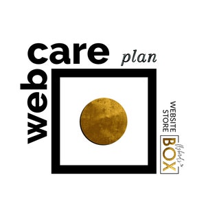 May include: Black and white graphic with the text "web care plan" and a gold circle inside a black square. The text "Website Store Box" is in a black rectangle with a gold background.