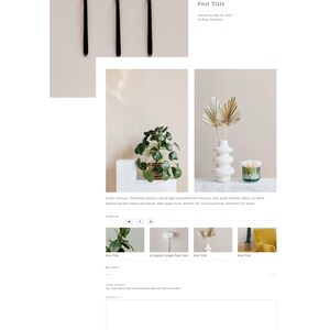 May include: A minimalist website design featuring three black spoons, a plant in a white pot, a white vase with dried flowers, and a small glass vase. The text "BOX №21" and "Post Title" are also visible.