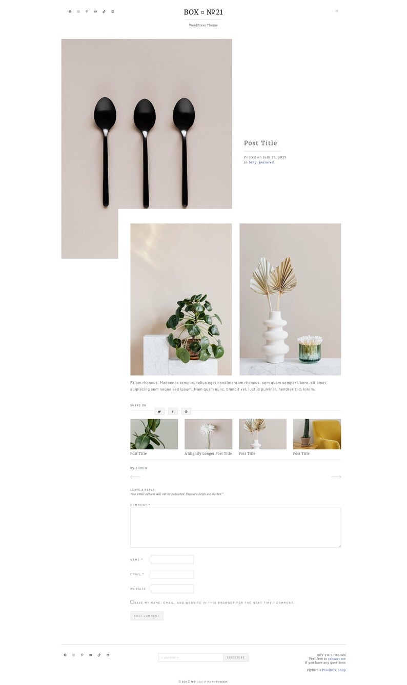 May include: A minimalist website design featuring three black spoons, a plant in a white pot, a white vase with dried flowers, and a small glass vase. The text "BOX №21" and "Post Title" are also visible.