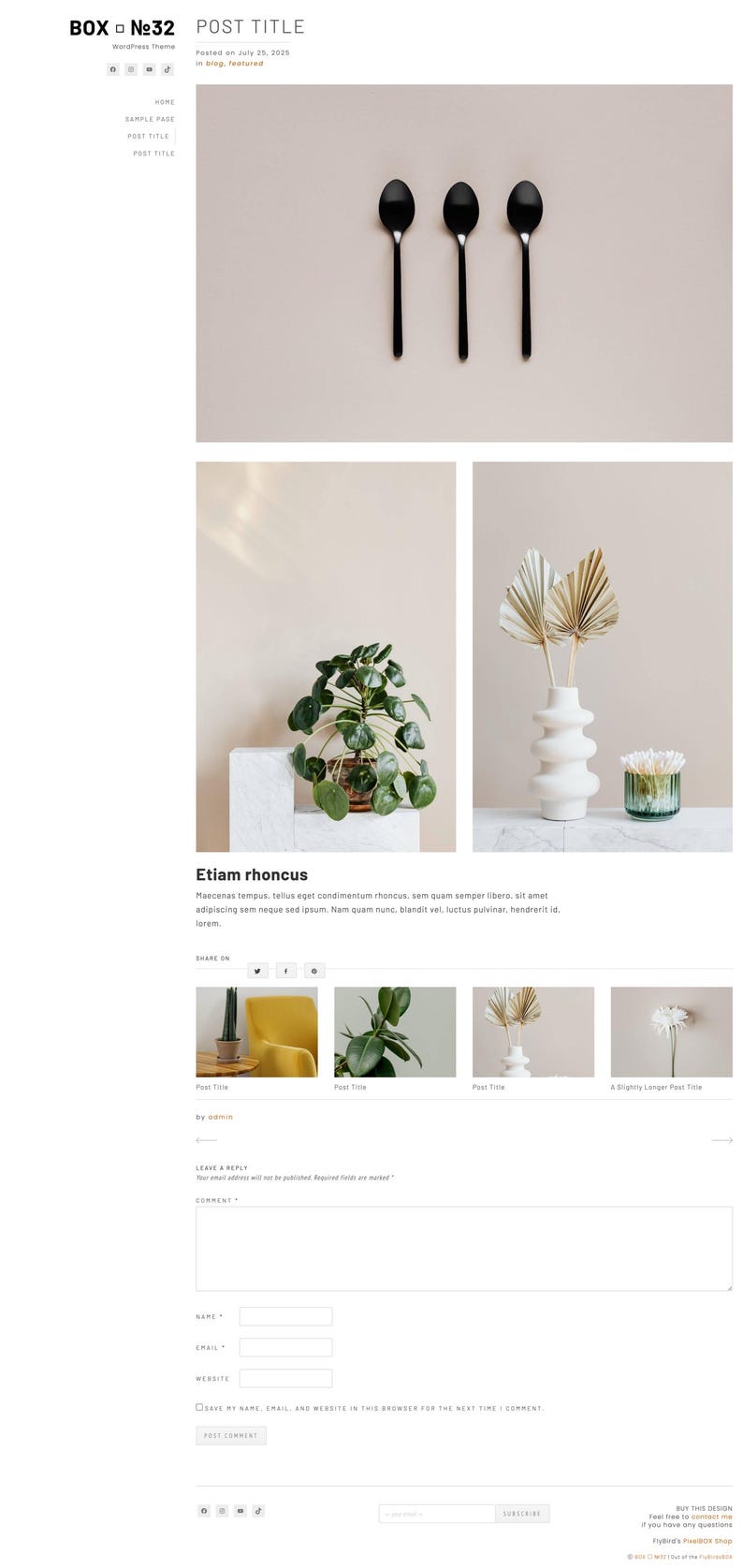 May include: A minimalist blog layout featuring three black spoons, a potted plant, a white vase with dried leaves, and a small glass container with white flowers. The design has a neutral color palette and clean lines.