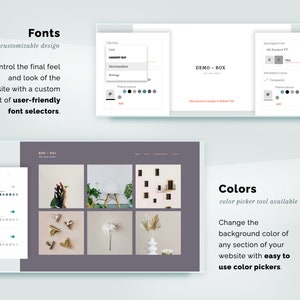 May include: A website design template with customizable fonts and colors. The template features a grid of images and a color picker tool. The text on the page reads "Fonts, customizable design, Control the final feel and look of the website with a custom set of user-friendly font selectors." and "Colors, color picker tool available, Change the background color of any section of your website with easy to use color pickers."