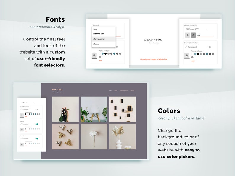 May include: A website design template with customizable fonts and colors. The template features a grid of images and a color picker tool. The text on the page reads "Fonts, customizable design, Control the final feel and look of the website with a custom set of user-friendly font selectors." and "Colors, color picker tool available, Change the background color of any section of your website with easy to use color pickers."