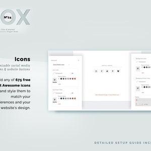May include: A screenshot of a website design template called "Box N&deg;24". The template features customizable social media icons and website buttons. The text "Add any of 675 free Font Awesome icons and style them to match your preferences and your website's design." is displayed on the screen.