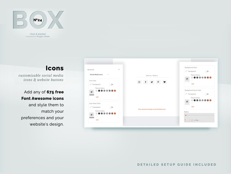 May include: A screenshot of a website design template called "Box N&deg;24". The template features customizable social media icons and website buttons. The text "Add any of 675 free Font Awesome icons and style them to match your preferences and your website's design." is displayed on the screen.
