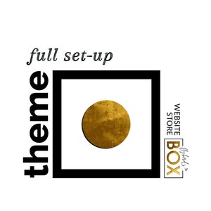 May include: A graphic design with the word "theme" in black vertical text, and "full set-up" in black text. A gold circle is centered within a black square, and the words "WEBSITE STORE BOX" are in a box.