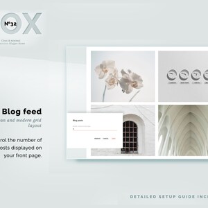 May include: A minimalist website design concept with the word "BOX" in large, light gray letters at the top. The design includes a grid layout with images and text, and the words "Blog feed" are prominently displayed.