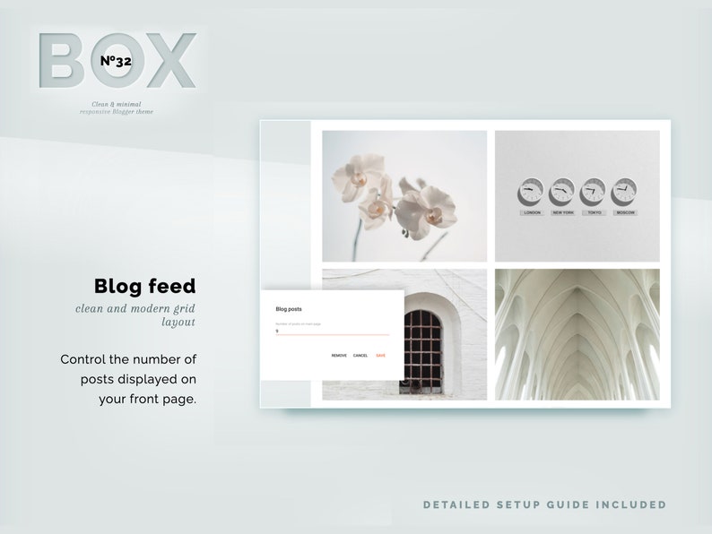 May include: A minimalist website design concept with the word "BOX" in large, light gray letters at the top. The design includes a grid layout with images and text, and the words "Blog feed" are prominently displayed.