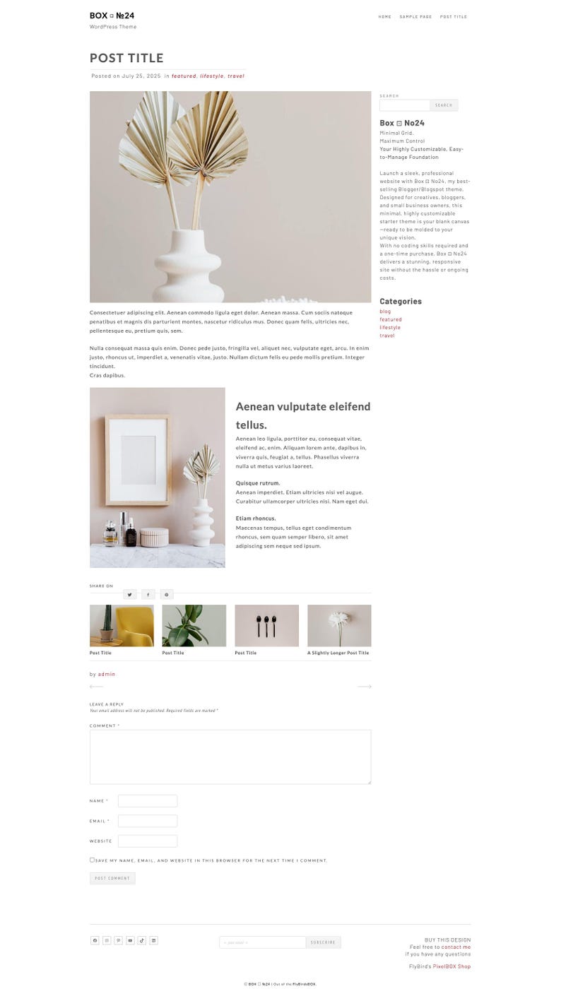 May include: A minimalist website design featuring a white vase with dried palm leaves. The text "BOX №24" and "POST TITLE" are visible. The design includes a blog section with categories like "featured" and "travel".
