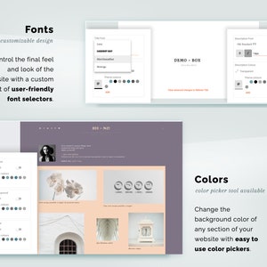 May include: A website design interface with customizable font and color options. The image shows font selectors and color pickers, with the text "Fonts" and "Colors" displayed. The design allows for user-friendly font selection and easy color changes.
