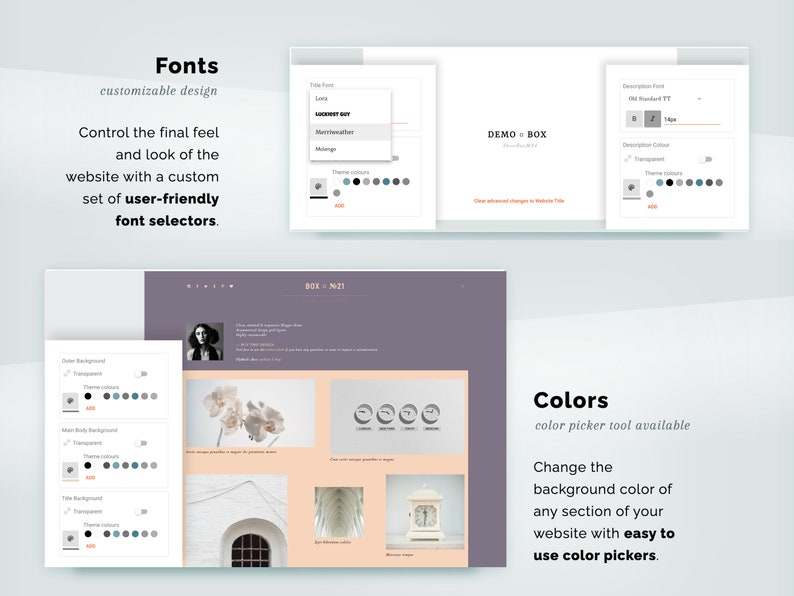 May include: A website design interface with customizable font and color options. The image shows font selectors and color pickers, with the text "Fonts" and "Colors" displayed. The design allows for user-friendly font selection and easy color changes.
