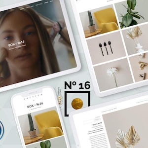 May include: A digital marketing theme displayed on multiple devices. The image features a woman with a makeup brush, a WordPress logo, and the text "BOX № 16". Other images show a yellow chair, plants, and decorative items.