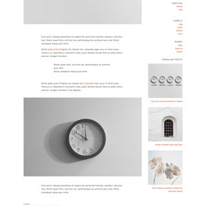May include: A black and white image of a blog post with the title "Cum Sociis Natoque Penatibus Et Magnis". The blog post features a clock with Roman numerals and a background of a gray wall. The blog post also includes a section for popular posts with images of a clock, a window, and a flower.