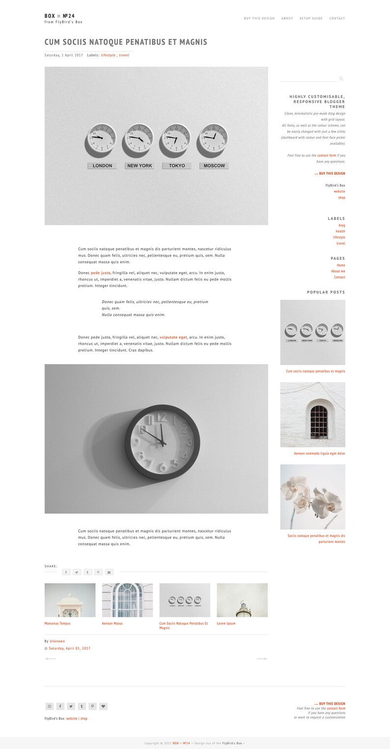 May include: A black and white image of a blog post with the title "Cum Sociis Natoque Penatibus Et Magnis". The blog post features a clock with Roman numerals and a background of a gray wall. The blog post also includes a section for popular posts with images of a clock, a window, and a flower.