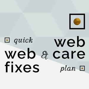 May include: A graphic with the text "quick web fixes" and "web & care plan". The image includes a gold circle in a black square and a logo for "flybirds BOX WEBSITE STORE". The background is a light gray geometric pattern.