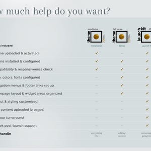 May include: A comparison chart titled How much help do you want? detailing three service tiers: Theme Installation, Full Set-up, and Launch Kit. The table lists features like theme activation, plugin configuration, and support, using checkmarks to show inclusions.
