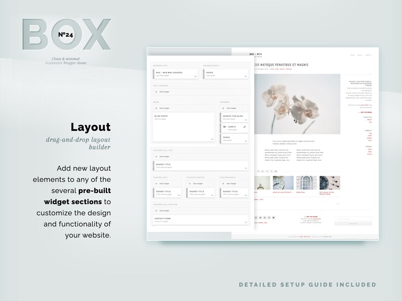 May include: A screenshot of a website builder interface showing a drag-and-drop layout builder. The text "Layout" is displayed in a large font. The text "drag-and-drop layout builder" is displayed below the word "Layout". The text "Add new layout elements to any of the several pre-built widget sections to customize the design and functionality of your website." is displayed below the text "drag-and-drop layout builder".