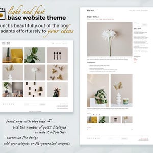 May include: A digital website theme template titled Box No 24, featuring a light-colored layout with a grid-based blog feed, post title sections, category sidebars, and customizable widget areas displayed on a neutral background with descriptive text.