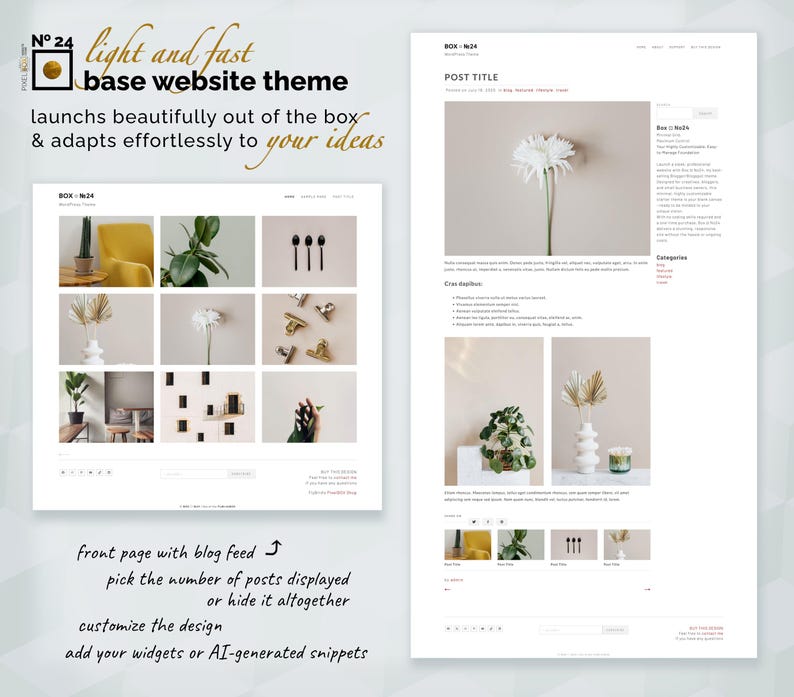 May include: A digital website theme template titled Box No 24, featuring a light-colored layout with a grid-based blog feed, post title sections, category sidebars, and customizable widget areas displayed on a neutral background with descriptive text.