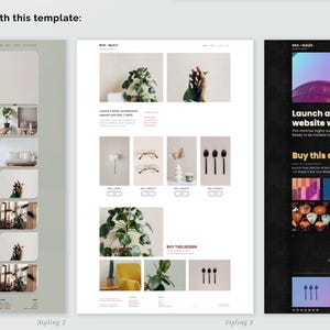 May include: Three distinct website layout templates displayed side-by-side. The left layout features a grid of images with a soft green background. The center layout uses a white background with product images. The right layout has a dark theme.