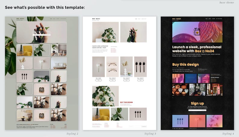 May include: Three distinct website layout templates displayed side-by-side. The left layout features a grid of images with a soft green background. The center layout uses a white background with product images. The right layout has a dark theme.