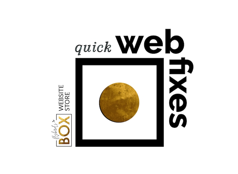 May include: A logo with the text "quick web fixes" in black, with a gold circle inside a black square. The logo also includes the text "flybirds box website store" in a smaller box.
