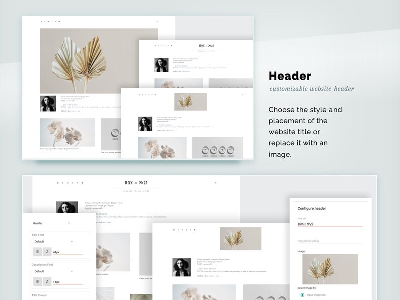 May include: A website header design with customizable options. The image shows a series of website mockups with a minimalist aesthetic. The text "Header" and "Choose the style and placement of the website title or replace it with an image" are visible.