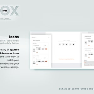 May include: A website design interface with customizable social media icons and website buttons. The text includes "BOX N&deg;21" and "Add any of 675 free Font Awesome Icons". The design features a detailed setup guide.