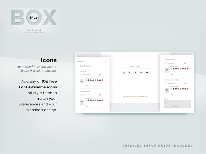 May include: A website design interface with customizable social media icons and website buttons. The text includes "BOX N&deg;21" and "Add any of 675 free Font Awesome Icons". The design features a detailed setup guide.