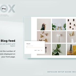 May include: A website mockup showing a blog feed with a clean and modern grid layout. The text "Blog feed" is displayed above a grid of 12 images. The text "Control the number of posts displayed on your front page." is below the grid. The text "Blog posts" is displayed in a white box on the right side of the image.