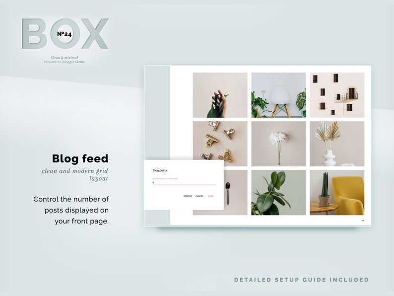 May include: A website mockup showing a blog feed with a clean and modern grid layout. The text "Blog feed" is displayed above a grid of 12 images. The text "Control the number of posts displayed on your front page." is below the grid. The text "Blog posts" is displayed in a white box on the right side of the image.