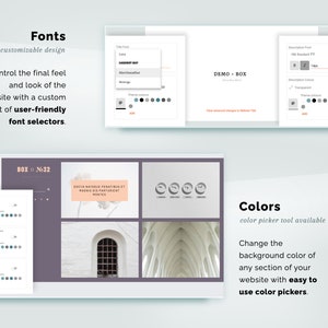 May include: A digital interface design showcasing font and color customization options. The image displays a website design interface with text that reads "Fonts, customizable design" and "Colors, color picker tool available". The interface includes font selectors and color pickers.