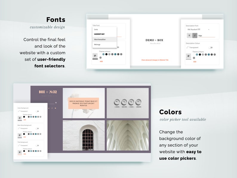 May include: A digital interface design showcasing font and color customization options. The image displays a website design interface with text that reads "Fonts, customizable design" and "Colors, color picker tool available". The interface includes font selectors and color pickers.