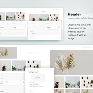 May include: A website design template with a customizable header. The header can be styled with a website title or replaced with an image. The template is shown with a light background and a grid of images.