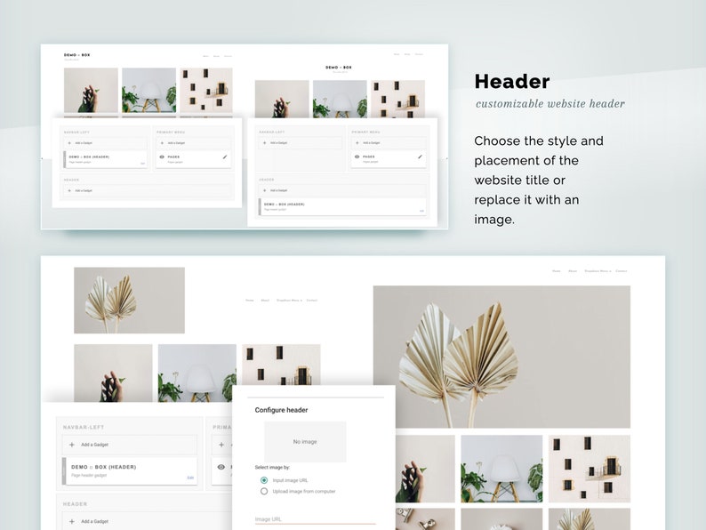 May include: A website design template with a customizable header. The header can be styled with a website title or replaced with an image. The template is shown with a light background and a grid of images.