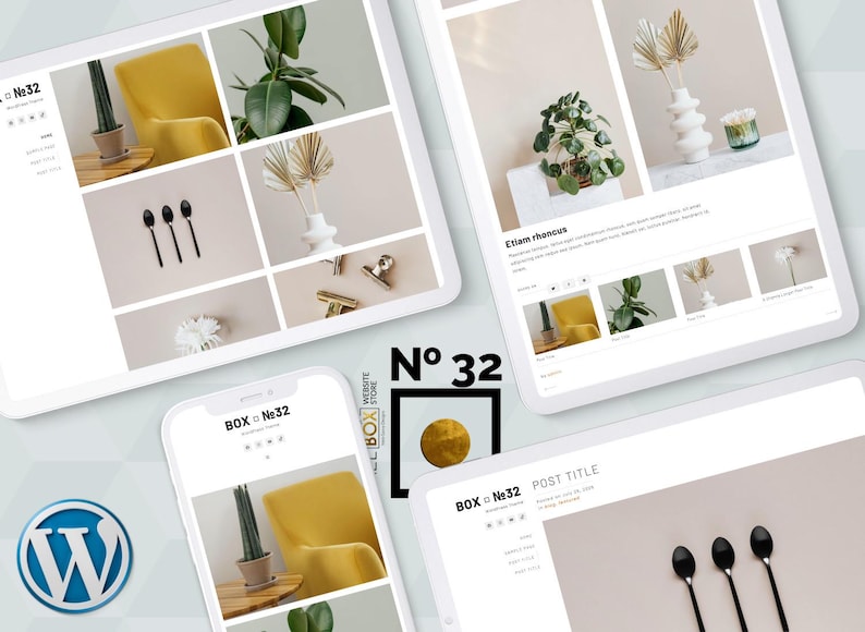 May include: A digital mockup showcasing a website design on multiple devices. The design features a grid layout with images of plants, spoons, and a yellow chair. The text "BOX №32" is visible.