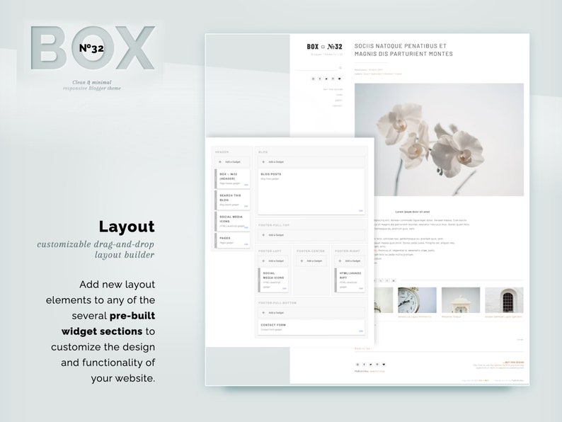 May include: A clean and minimal responsive Blogger theme, "BOX №32", is displayed. The layout is customizable with a drag-and-drop layout builder. The image shows a website design with pre-built widget sections to customize the design and functionality.