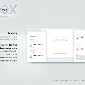 May include: A website design interface with social media icons and customizable buttons. The text reads "BOX N&deg;32" and "Icons customizable social media icons & website buttons." It also mentions "675 free Font Awesome Icons."