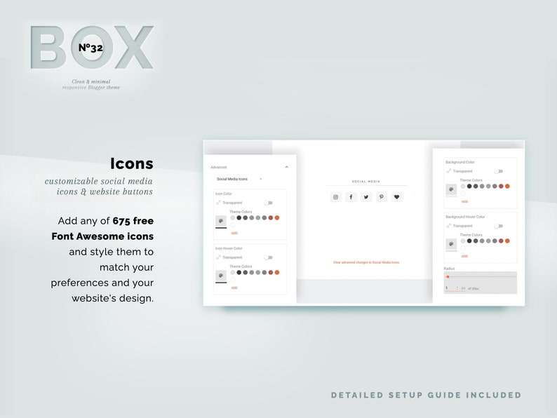 May include: A website design interface with social media icons and customizable buttons. The text reads "BOX N&deg;32" and "Icons customizable social media icons & website buttons." It also mentions "675 free Font Awesome Icons."